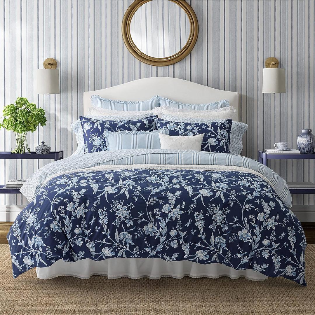 Laura Ashley- Queen Comforter Set, Cotton Reversible Bedding Set, Includes Matching Shams with Bonus Euro Shams & Throw Pillow Covers (Branch Toile Blue, Queen)