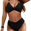 Women's Bikini Sets Tummy Control Two Piece Swimsuits Gold Metal V Neck Twist Front Bathing Suit (Black, M)