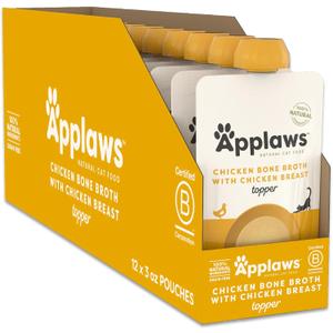 Applaws Natural Wet Cat Food in Topper, Limited and Natural Ingredients, High Protein with No Artificial Additives, Chicken Breast Bone Broth (12 x 3oz Resealable Spout Pouches) (EXP 10/25/27)