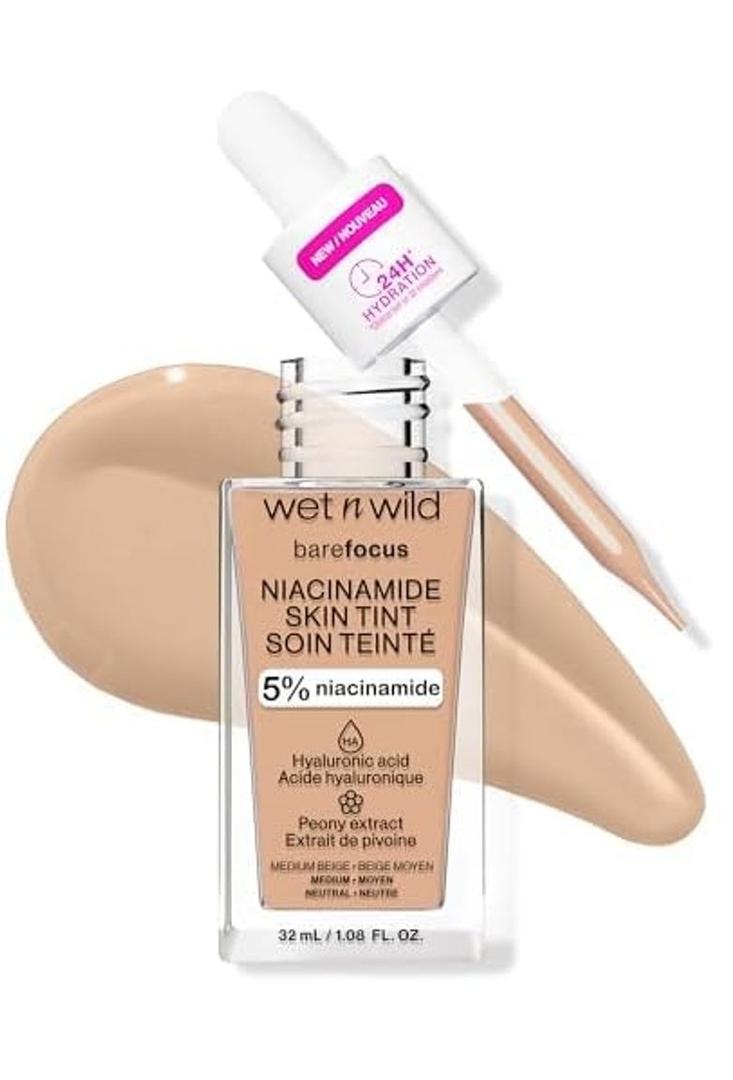 wet n wild Bare Focus Skin Tint, 5% Niacinamide Enriched, Buildable Sheer Lightweight Coverage, Natural Radiant Finish, Hyaluronic & Vitamin Hydration Boost, Cruelty-Free & Vegan - Medium Beige (1 Pack)