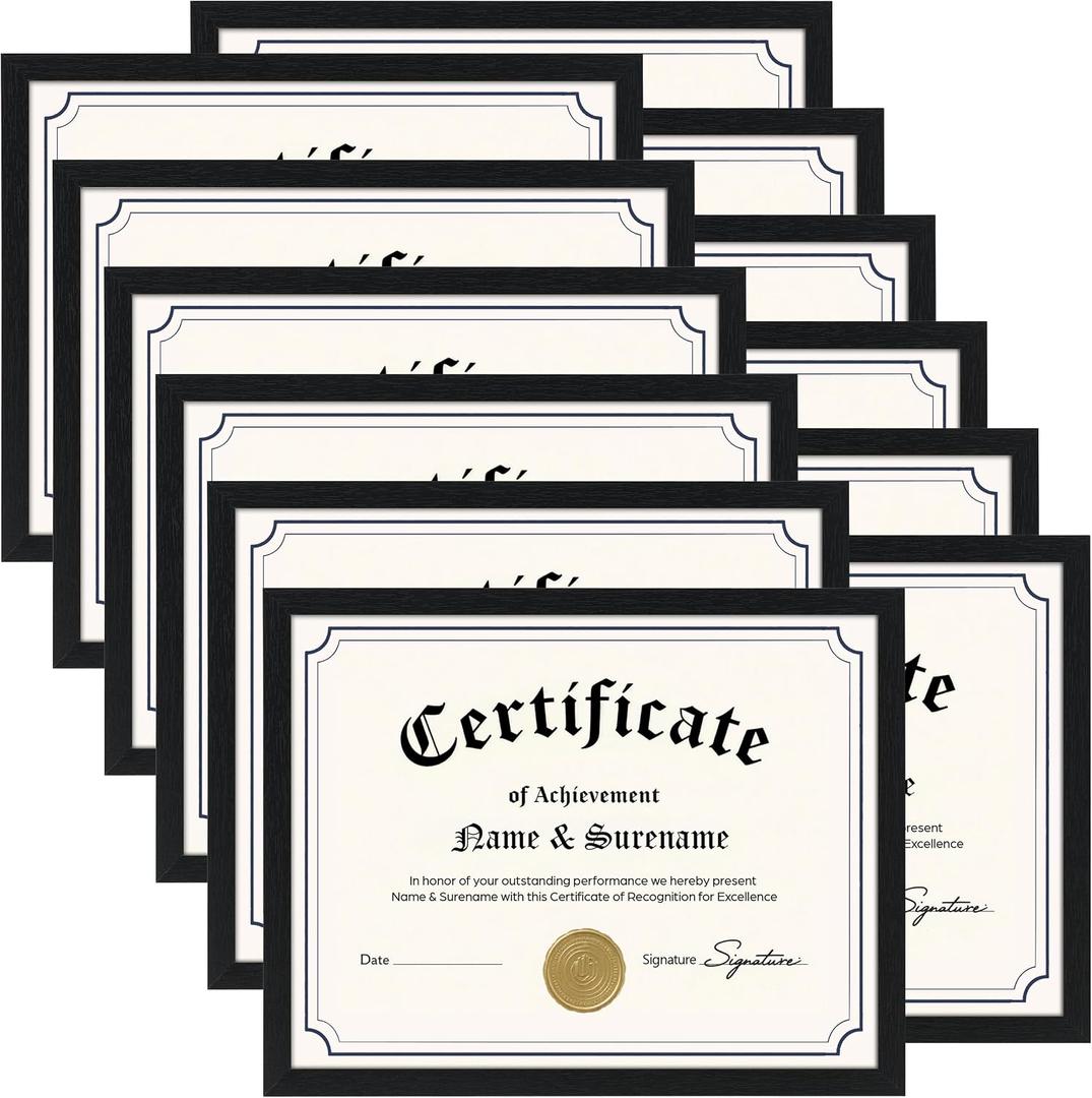 Lyeasw 8.5 x 11 Picture Frame Black 12 Pack, 8.5x11 Diploma Frames Matte Wood Grain, Lightweight Certificate Frame for Graduation Gifts, Awards, Letter Size Documents