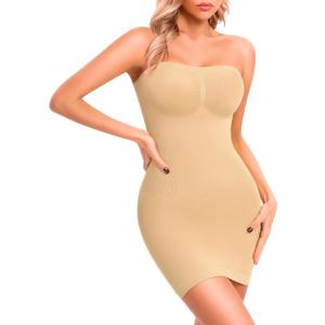 fortix Strapless Shapewear Slips for Under Dresses Strapless Full Body Shaper Tummy Control Dress Slip Seamless (Small, Beige)