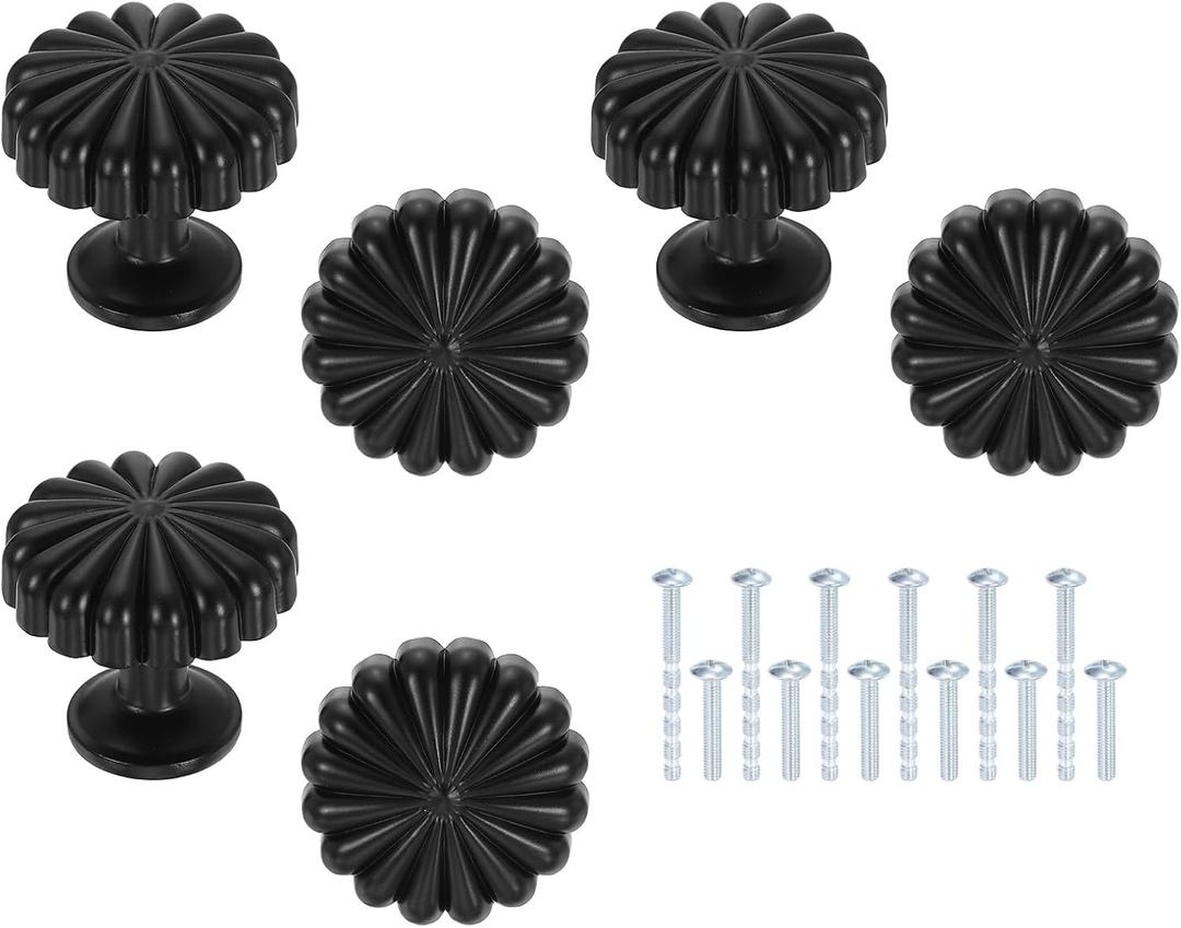 6 Pack Cabinet Knobs, 1.14" Dia. Round Dresser Knob Zinc Alloy Vintage Drawer Hardware Handles Pulls with Screws for Kitchen Cabinets Bedroom Dresser Wardrobe, Matte Black