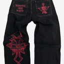 Y2K Jeans Men's Hip Hop Vintage Skull Embroidery Wash Denim Pants Gothic Straight Tube Loose Wide Leg Pants XL