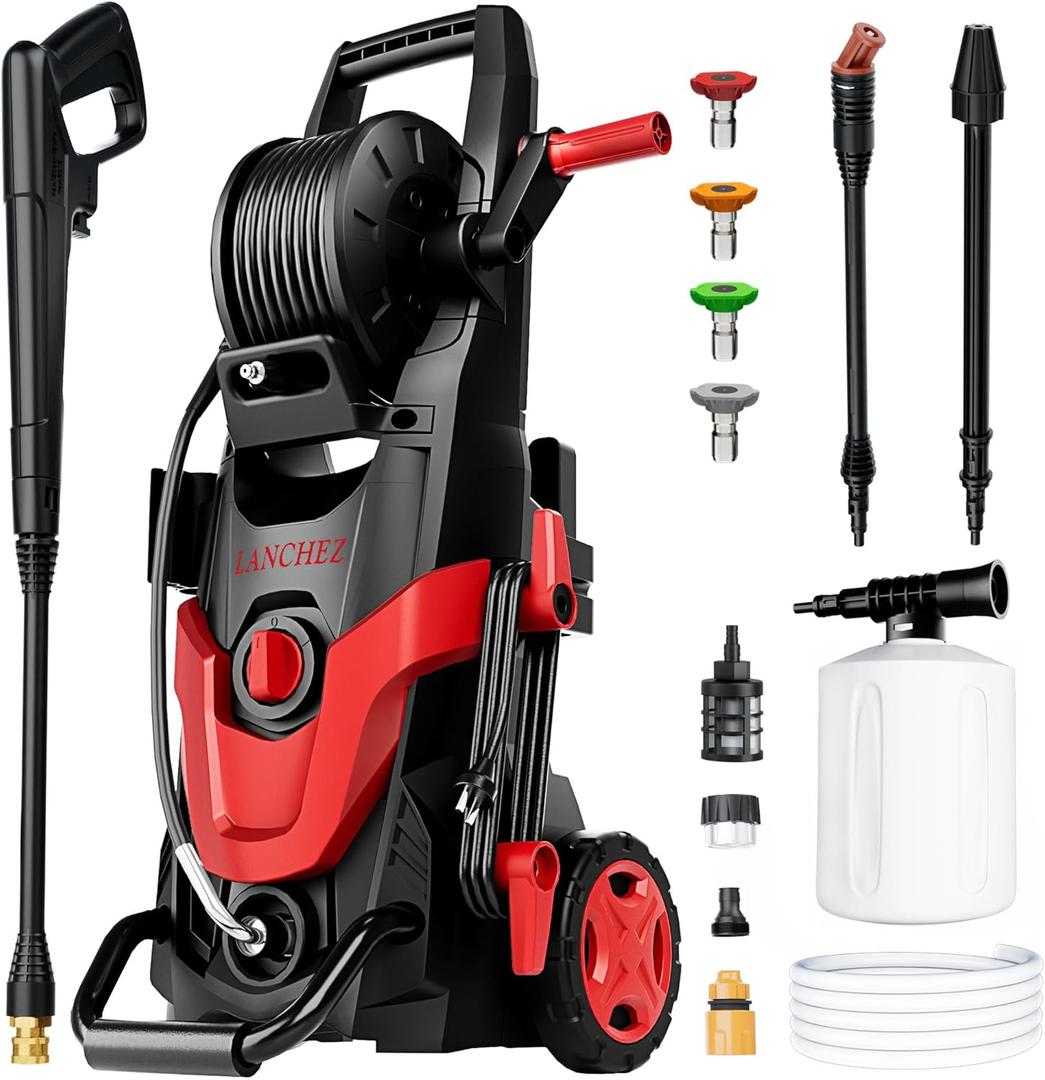 Electric Pressure Washer, Upgraded 7 Nozzles Set, 4500 PSI 3.2 GPM Power Washer with Turbo & 360 Nozzle, Inlet Hose & Filter & 500ml Foam Cannon for Cars/Home Cleaning/Patios/Driveways/Fences, Red
