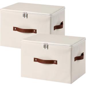 2PCS Storage Bins Box with Zippered Lid Decorative PU Leather Fabric Basket with Handles PP Plastic Board Foldable Washable Lidded Clothing Shelf Closet Organizer Container (Beige, Large)