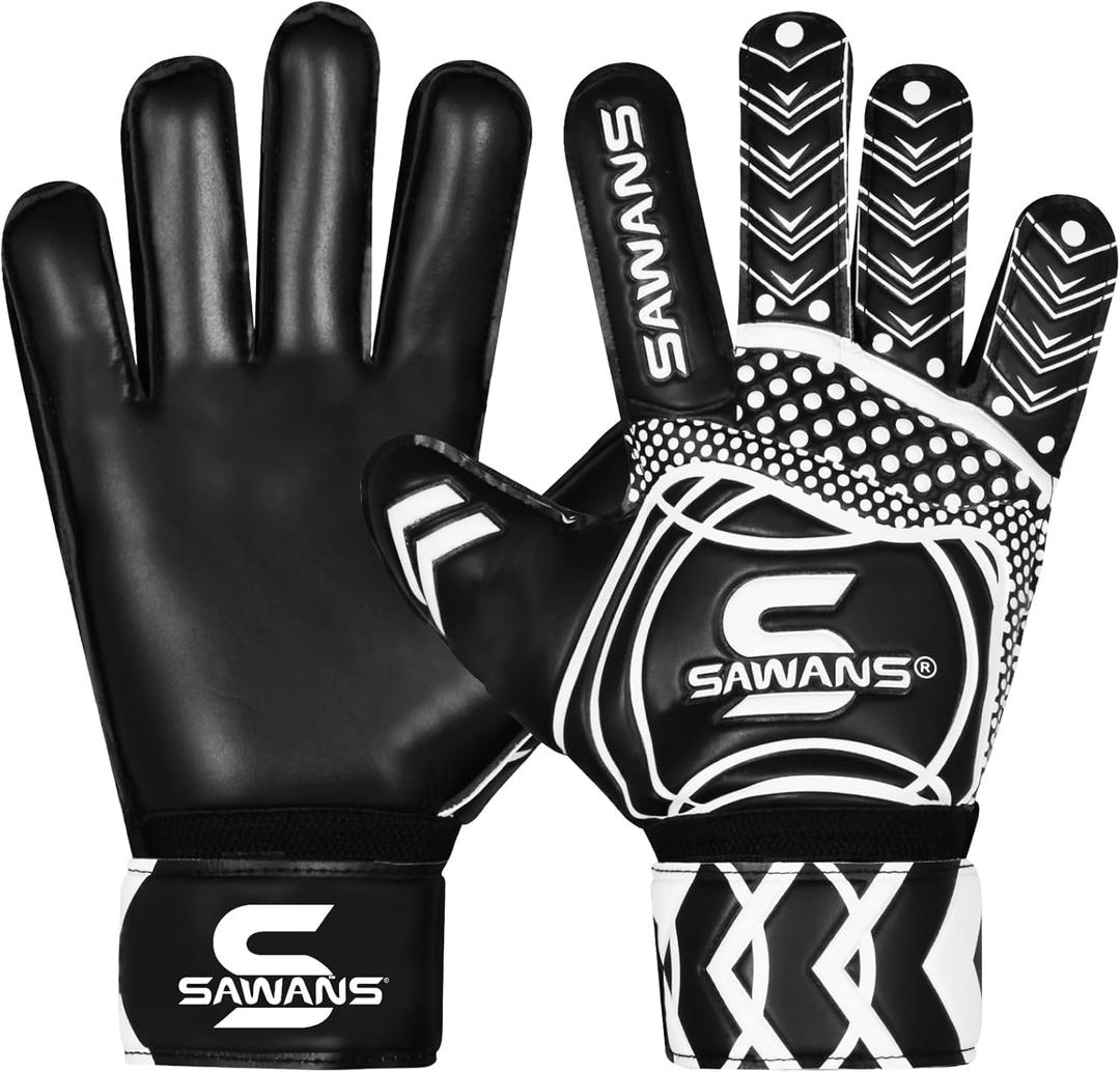 SAWANS Goalkeeper Gloves Football Training Equipment for Kids Boys Youth Adult Men Goalie Gloves Grips Palm Protection Double Layer Breathable Goalkeeping (9, Black)