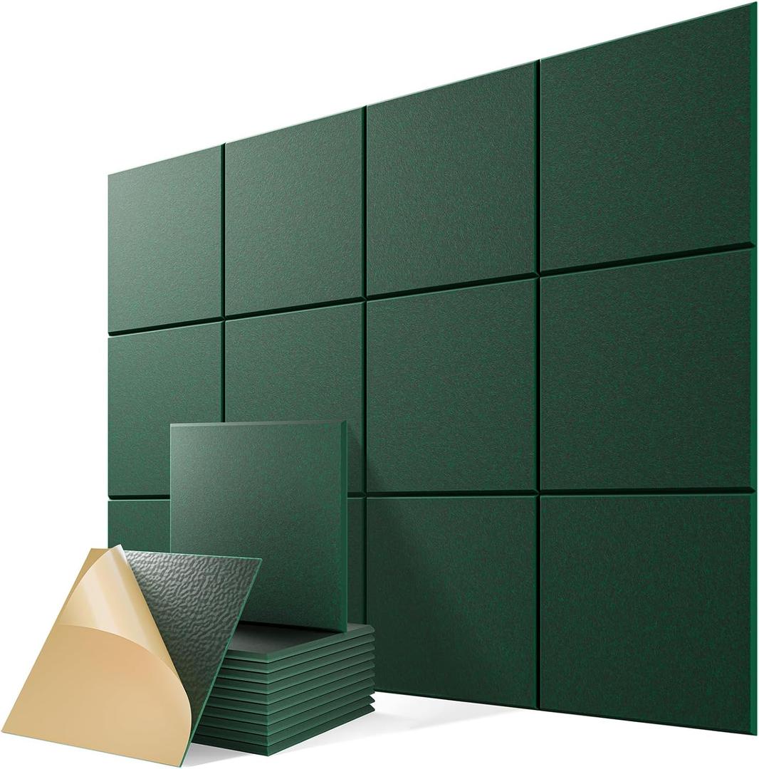 12 Pack Self-Adhesive Acoustic Panels, 12" X 12" X 0.4" High-Density Sound Proof Foam Panels for Walls, Soundproof Wall Panels for Home & Office (Forest Green)