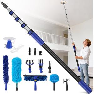 Light Bulb Changer for High Ceilings, 3.4-12.4FT Extension Pole Telescopic Extension Poles for Cleaning, Ceiling Fan Cleaner Duster Kit with Baskets, Suction Cup, Plush Brush for Roof Window Cleaning