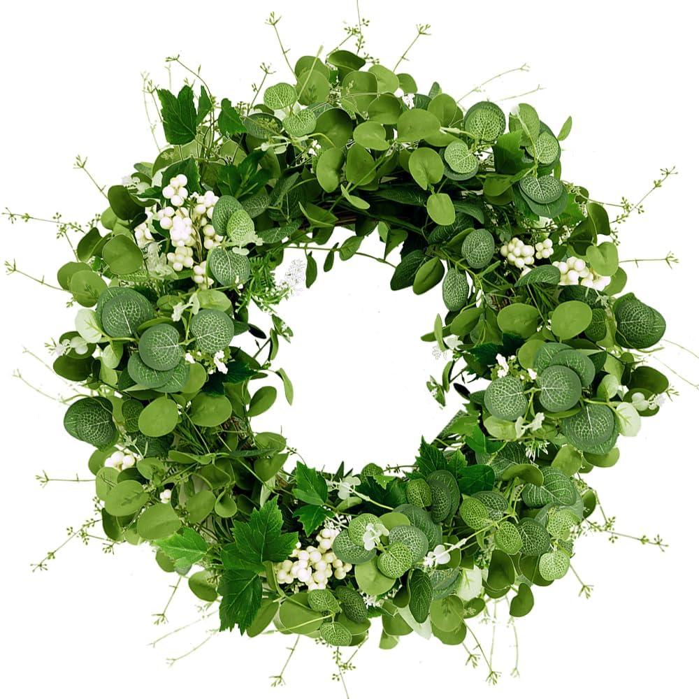Qingbei Rina Eucalyptus Wreath for Front Door All Seasons 22-24 Inch, Spring Summer Wreaths with White Berry, Maple Leaf, Green Leaf Wreaths Indoor Outdoor, Mother's Day Wall Farmhouse Home Decor