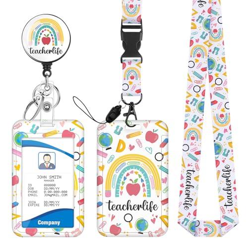 Rainbow Teacher Lanyards for ID Badges Holder Retractable Badge Reel with Clip Funny Badge Holder with Lanyard for Workers Students Nurse Teachers Gifts