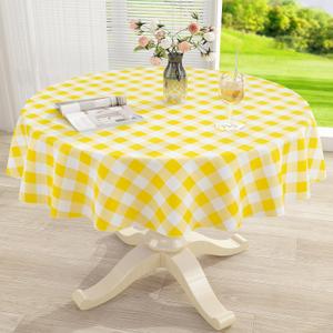 misaya Round Waterproof Vinyl Table Cloth, Buffalo Flannel Backed Tablecloth, Wipeable Plastic Table Cover for Dinner, Kitchen, Picnic (60", Yellow and White)