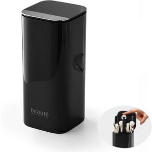 DASITON Makeup Brush Holder with Lid,4 Slots Makeup Brush Organizer,Automatic Lifting Makeup Cosmetics Organizer,for Vanity Decor,Bathroom Countertop,Dustproof Cosmetic Brushes Container(Silver-Black)