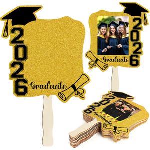 Graduation Face Fans with Handle Double Sided Custom Graduation Face Cutouts Fans on a Stick DIY Photo Frame for Class of 2026 Grad Photo Props Graduation Party Souvenirs Supplies(12 Pcs,Gold)