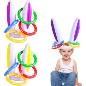 3 Pack Inflatable Easter Bunny Ring Toss Game with Score Ring - Easter Basket Essential for Kids Indoor Outdoor Rabbit Ears Toss Toy, Family Party Games School Carnival Activities(3 Set & 12 Rings)