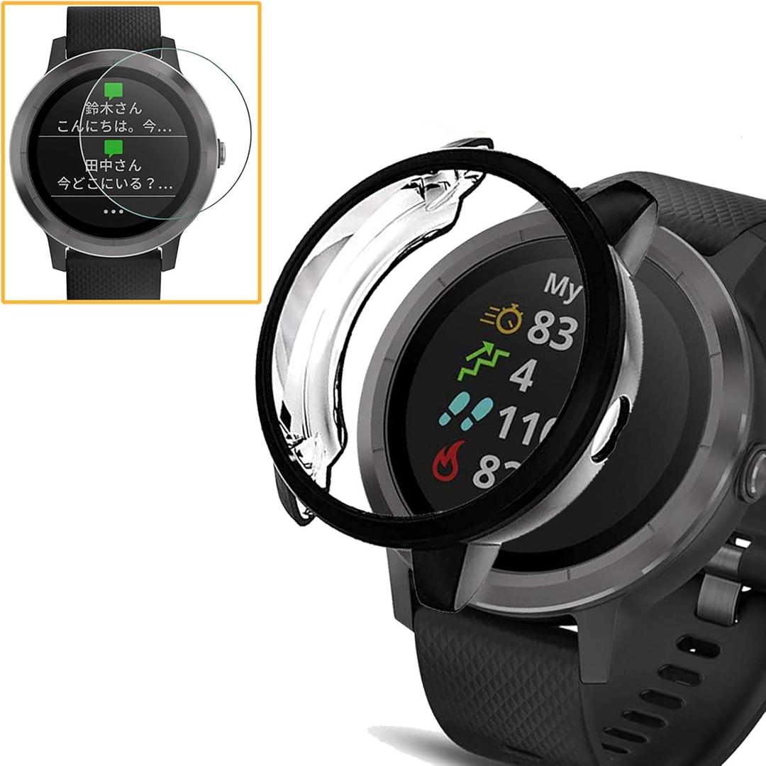 [2+1 Pack] Compatible for Garmin vivoactive 3 Case Cover with Screen Protector Soft TPU Plated Protective Bumper Shell + Tempered Glass Screen Protector Film for Garmin Vivoactive 3