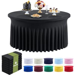 Outpain 8 Pack Black Round Spandex Tablecloth for 60 Inch/5FT Tables - Stretchy Table Cloth with Skirt, Wrinkle-Free Fitted Cloth for Wedding Vendor, Banquet & Graduation Decor (120" Round)