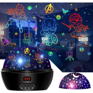 Kid Light Projector Superhero Toys for Boys 5-7 Avengers Night Light Projector with Timer for Kids Room, 360 Degree Rotation Toddler Nightlights with Spiderman Figurine Star Lamps (Black)