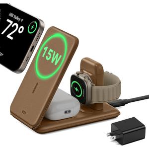ESR 3 in 1 Charging Station for Apple, [Certified] Apple Watch Charger & 15W MagSafe Charger Stand for iPhone, Travel Charger for Multiple Devices, iPhone 17-12, Watch & AirPods, Brown