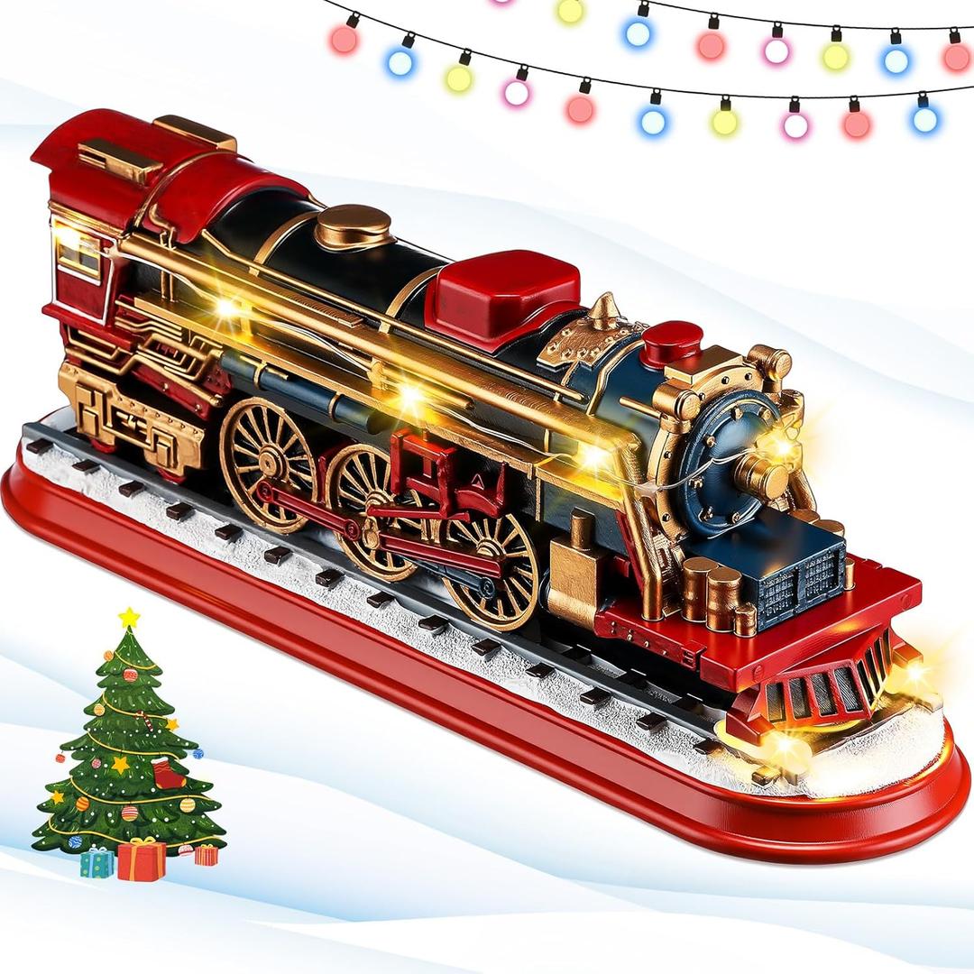 Gerrii Vintage Train Decoration Resin Figurine with LED String Lights Battery Operated Retro Nostalgic Train Lover Gift Ornament Decor for Village Mantel Shelf Display Collectible