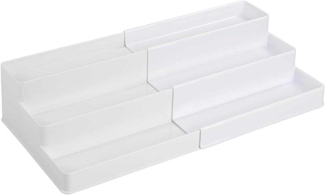 mDesign Plastic Expandable 3-Tier Shelf Rack Organizer - Storage for Bathroom Vanity, Cabinet, Cupboard, Drawer - Holds Medicine, Vitamins, Supplements, Cosmetics - Ligne Collection - White (10.8" x 9.3" x 4.1")