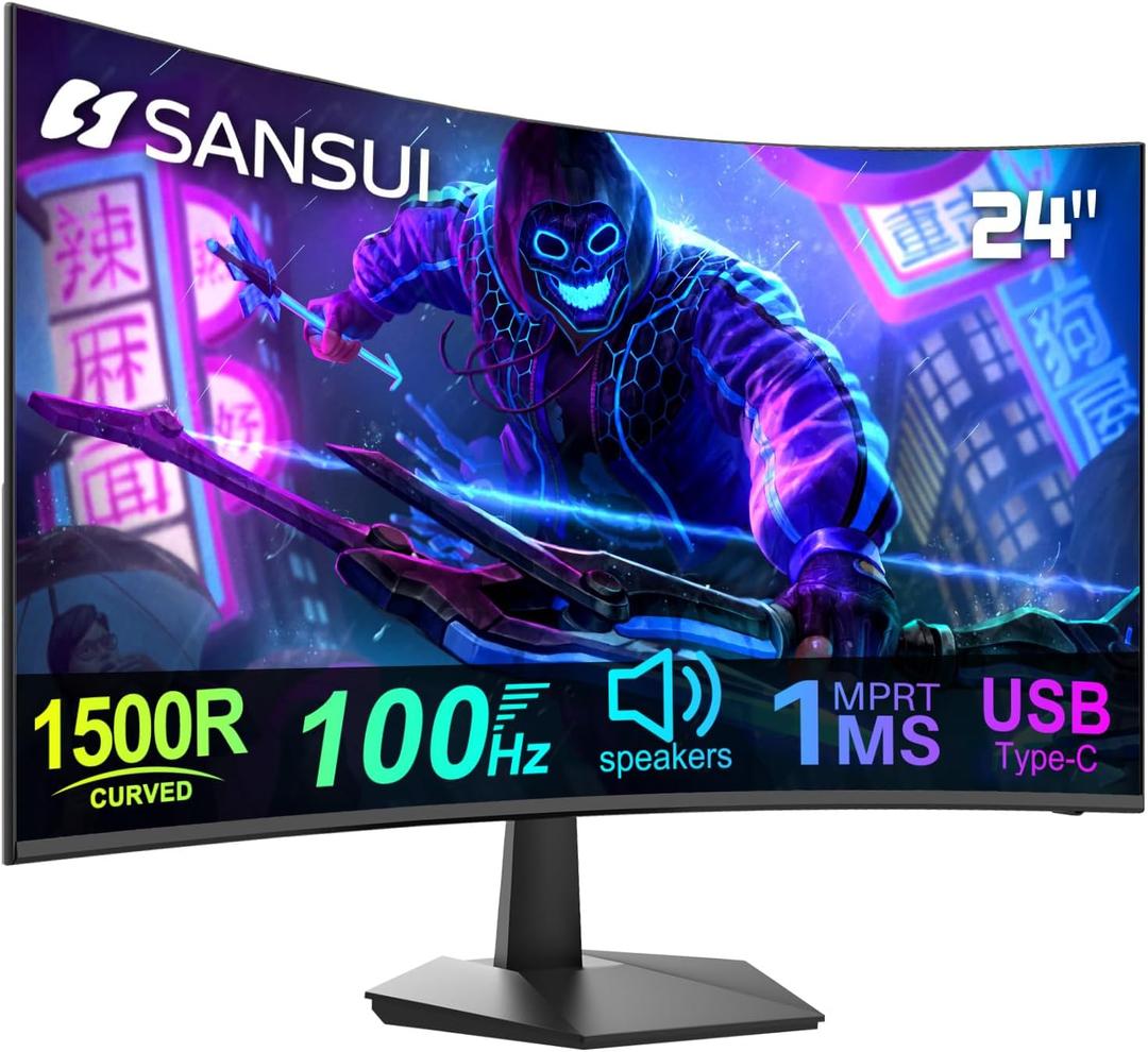 SANSUI Curved Monitor 24 inch 100Hz USB Type-C Computer Monitor with Built-in Speakers- MPRT 1ms,Adaptive Sync,HDR,1500R,VESA 75x75mm Compatible, for Home and Office(ES-24C1)