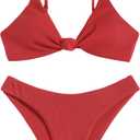 ZAFUL Women's Tie Knot Front Spaghetti Strap High Cut Bikini Set Swimsuit (Medium, 2pc-red)