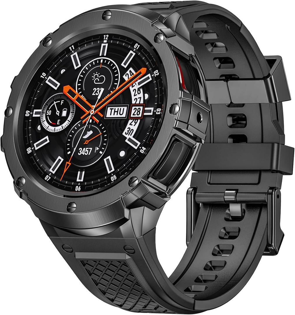 Silicone Band with Stainless Steel Case Cover Compatible with Samsung Galaxy Watch 6 44mm Bands Protective Case Cover for Men (Grey)