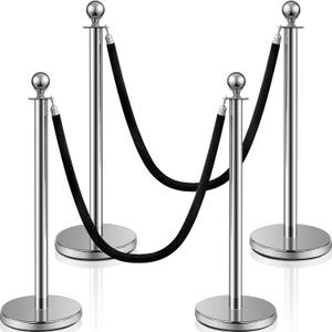 Ferraycle 4 Pcs Crowd Control Stanchions and Velvet Ropes 5 ft Poles Silver Crowd Control Barriers Black Ropes Stainless Steel Stanchions Post for Party Supplies