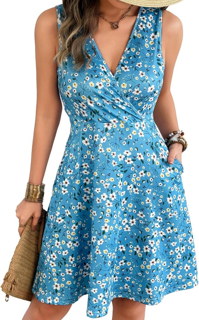 Casual Sleeveless Summer Dresses for Women | Floral Sundress, Wrap V-Neck, Elastic Waist with Pockets, Fit and Flare A-Line Design for Vacation, Beach, Casual Wear (M)