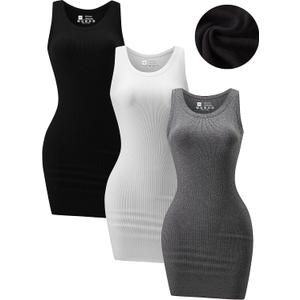 Chongbaijia 3 Pack Summer Dresses for Women 2026 Ribbed Crewneck Tank Top Dress Sleeveless Sundress Basic Bodycon Mini Dress (M)