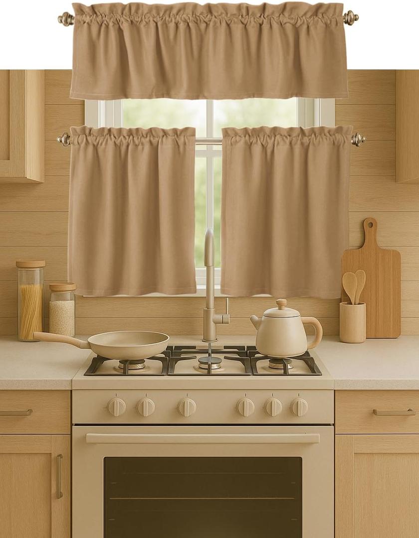 3 Piece Window Curtain Set, 100% Cotton, 2 Tiers 26x36 Inch & 1 Valance 54x18 Inch, Semi Sheer, Rod Pocket, Short Curtains for Kitchen, Caf, Living Room, Bathroom, Bedroom, Beige