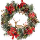 Christmas Wreaths for Front Door 16 Inch, Artificial Christmas Wreath with Light, Pre-Lit Winter Wreaths with Pine Cones, Berry Clusters Reindeer, Xmas Wreaths for Indoor Outdoor Window Porch Decor