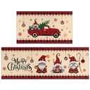 Christmas Kitchen Rug Set of 2, Cute Gnome Truck Christmas Mat, Non-Slip Washable Kitchen Mat, Winter Christmas Kitchen Decor, Red 17x30+17x47 Inch