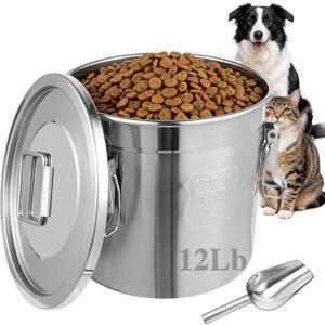 304 Stainless Steel Dog Food Storage Containers with Scoop, Fits up to 12Lbs, Large Pet Food Storage Container with Airtight Lid and Locking Clamp Metal Pet Food Bin for Dogs and Cats, Keep Fresh