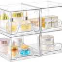 Stackable Makeup Organizer Storage Drawers Set of 4, Clear Plastic Organizer Bins for Beauty Supplies,Ideal for Vanity, Bathroom,Cabinet,Pantry Organization (4 Short)