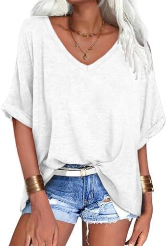 WIFFGO Womens T Shirts Summer Tee Tops V Neck Short Sleeve Casual Half Sleeve Cozy Comfy Loose Fit Basic Roll Up Tees M