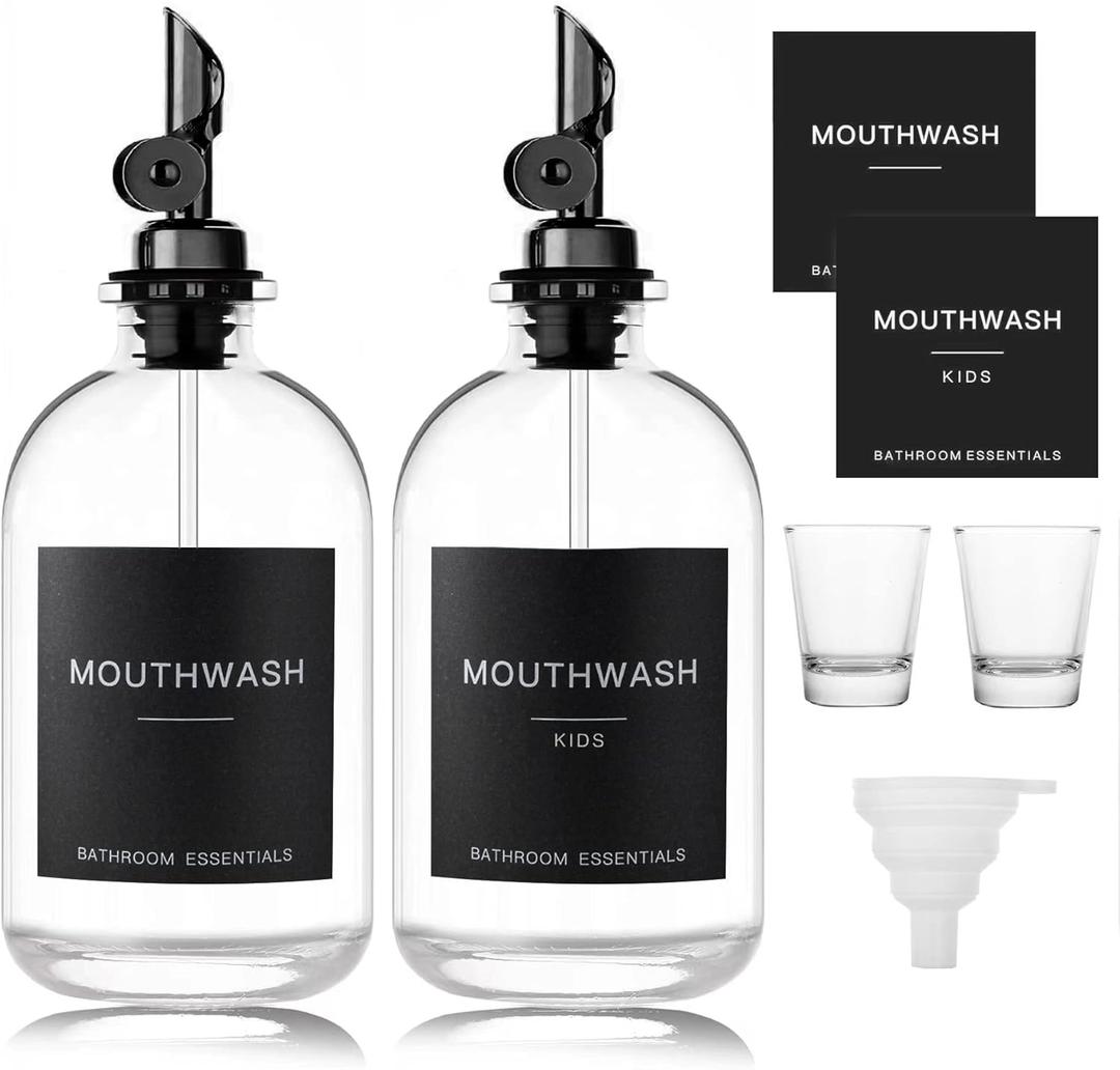 Black Glass Mouthwash Dispenser with Cups, 12.7 oz, 2 Pack - Clear Mouthwash Bottle with 304 Stainless Steel Spout & Minimalist Labels, Style Mouthwash Container for Bathroom