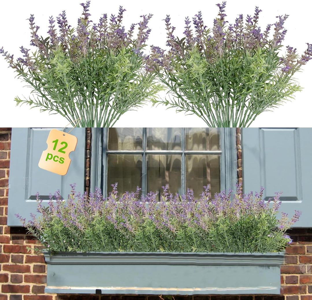 Coreland Fake Lavender Artificial Flowers - 12PCS Lavender Plants Shrubs for Wedding Bouquets Artificial Lavender Flowers Indoor Outdoor Faux Foliage Lifelike Fake Flowers for Decoration