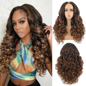 V Part Yaki Curly Wig for Black Women,Black to Auburn Brown 26 Inch Premium Upgraded Synthetic Afro Curly Half Wig with Clips,Natural Texture No Leave Out(T1B/30)