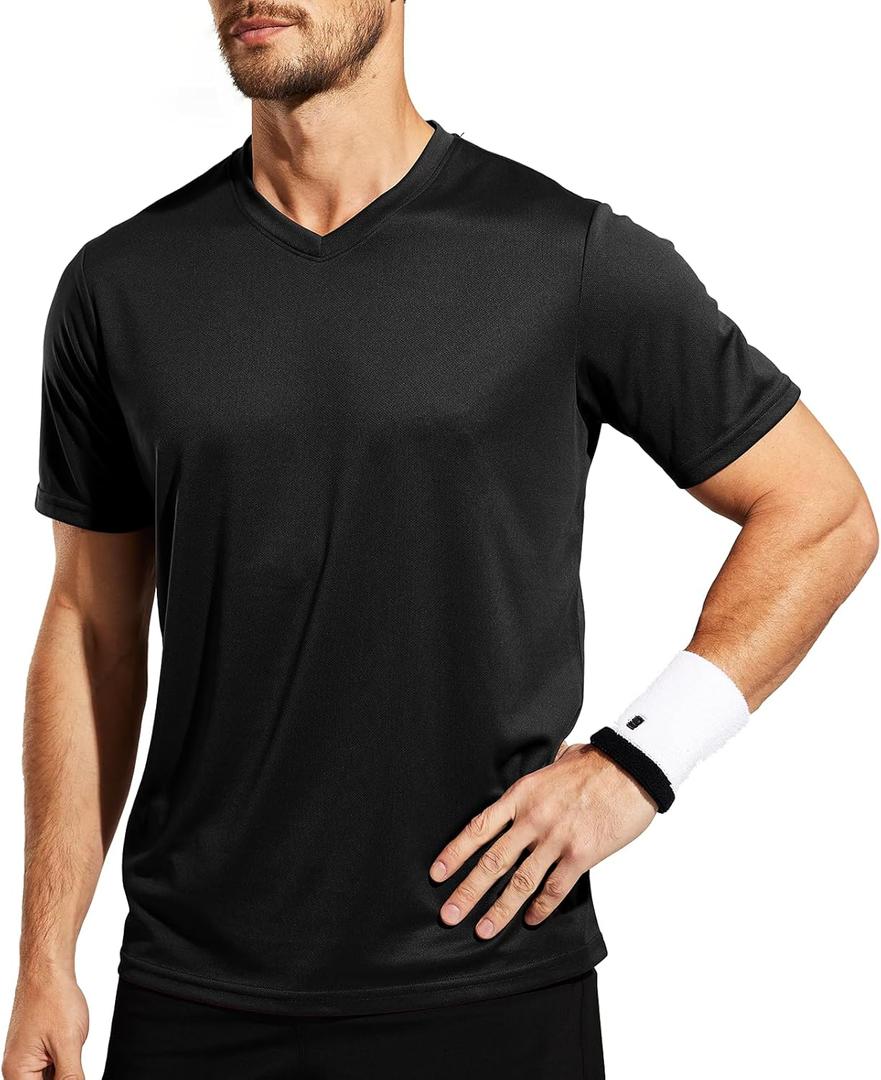 MIER Men's Quick Dry Workout Shirts Moisture Wicking Running Athletic Performance T-Shirts Recycled Polyester Top Tee (X-Large, Black - V Neck)