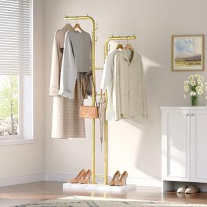 Gold Coat Hanger Stand, Floor Standing Coat Rack, Entryway Coat Tree with 8 Hooks and Marble-Look Base, Modern Double-Pole Metal Clothes Rack for Entrance, Living Room, Bedroom, YM02DW