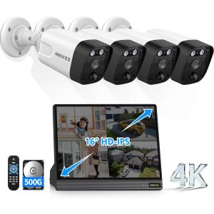 OOSSXX (2026 New) 4K PoE Security Camera System Outdoor, 8CH NVR with 16" IPS Monitor & 500GB HDD, 4 Cameras, 130° Wide Angle, AI Human Detection, Two-Way Audio, No Monthly Fee