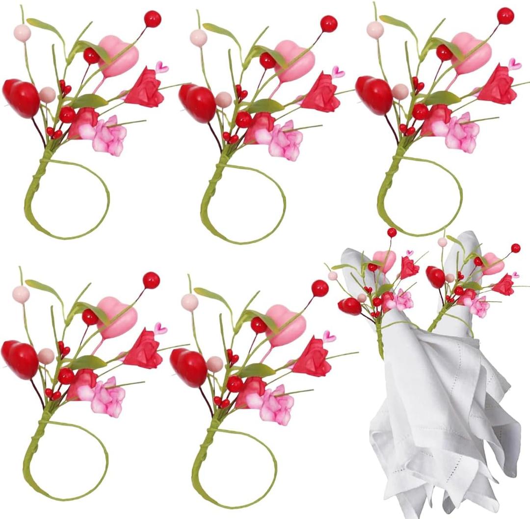 5 Pcs Flower Napkin Rings Valentine Day Heart Red Floral Holder Table Decor Handcraft Artificial Leaves for Wedding Anniversary Mothers Day Party Dinner Supplies