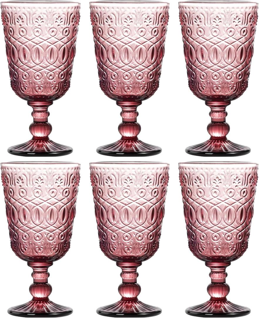6 Pack Vintage Embossed Glass Goblets  10oz Colored Wine Glasses with Relief Pattern, Thick Glassware for Red Wine, Water, Cocktails  Original Color, Never Fades, Dishwasher Safe (Wine Red)