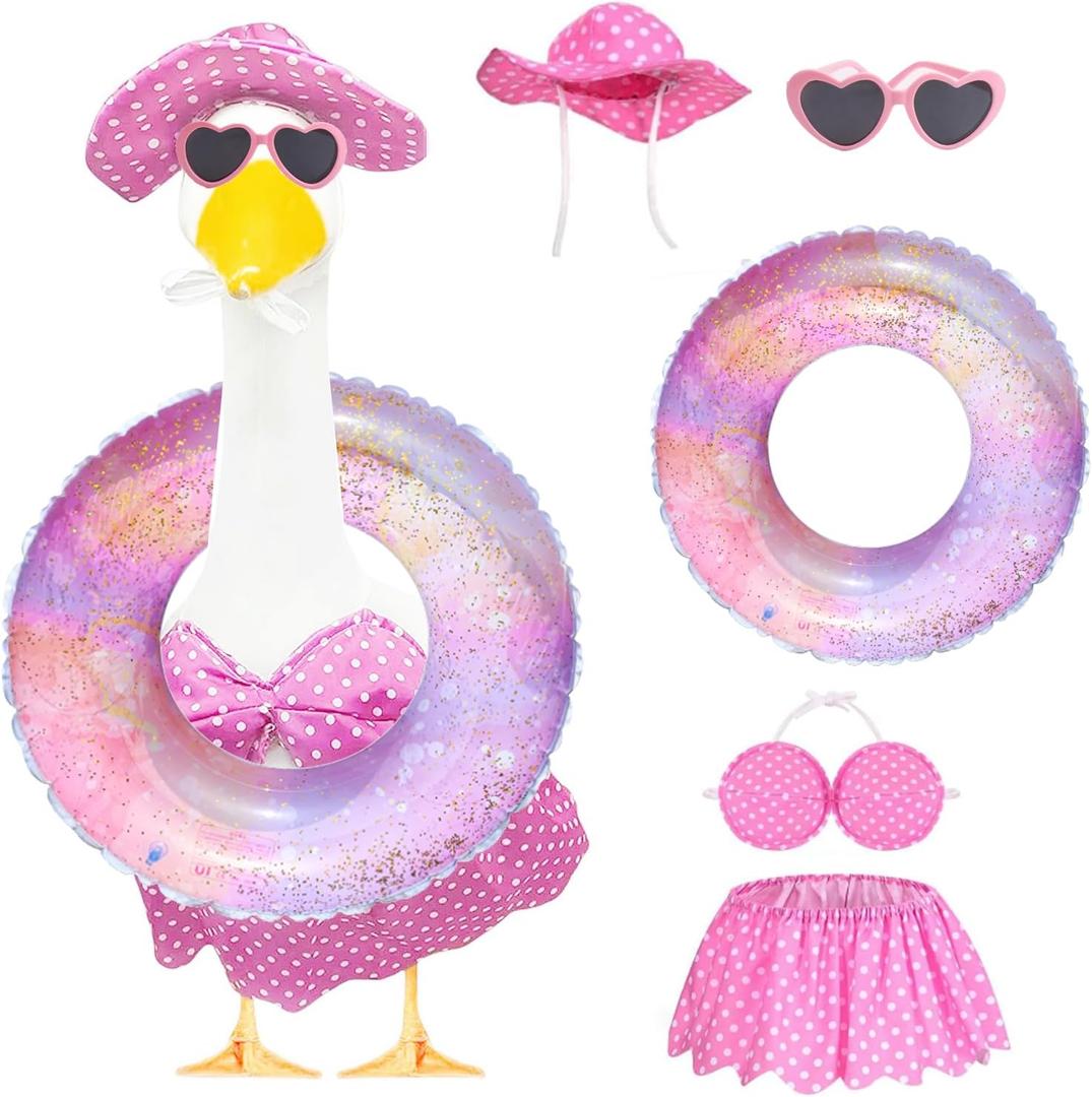 Porch Goose Summer Outfit for Cement or Plastic Goose 23'' Lawn Patio Statue, Bikini Goose Clothes, Hawaiian Goose Outfit with Hat Sunglasses & Swimming Ring for Outdoor Garden Yard Decor (Pink)
