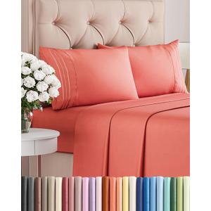 Queen Size 4 Piece Sheet Set - Comfy Breathable & Cooling Bed Sheets Set - Hotel Luxury Bedding for Women, Men, Kids, Teens, Boys & Girls - Deep Pockets, Ultra-Soft, Wrinkle Free - Oeko-Tex - Coral