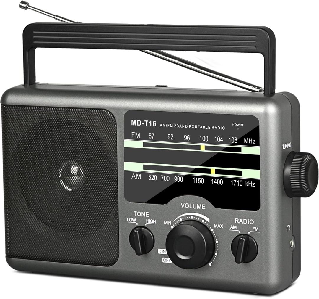 AM FM Portable Radio Battery Operated by 4X D Cell Batteries Or AC Power Transistor Radio with and Big Speaker, Standard Earphone Jack, High/Low Tone Mode, Large Knob