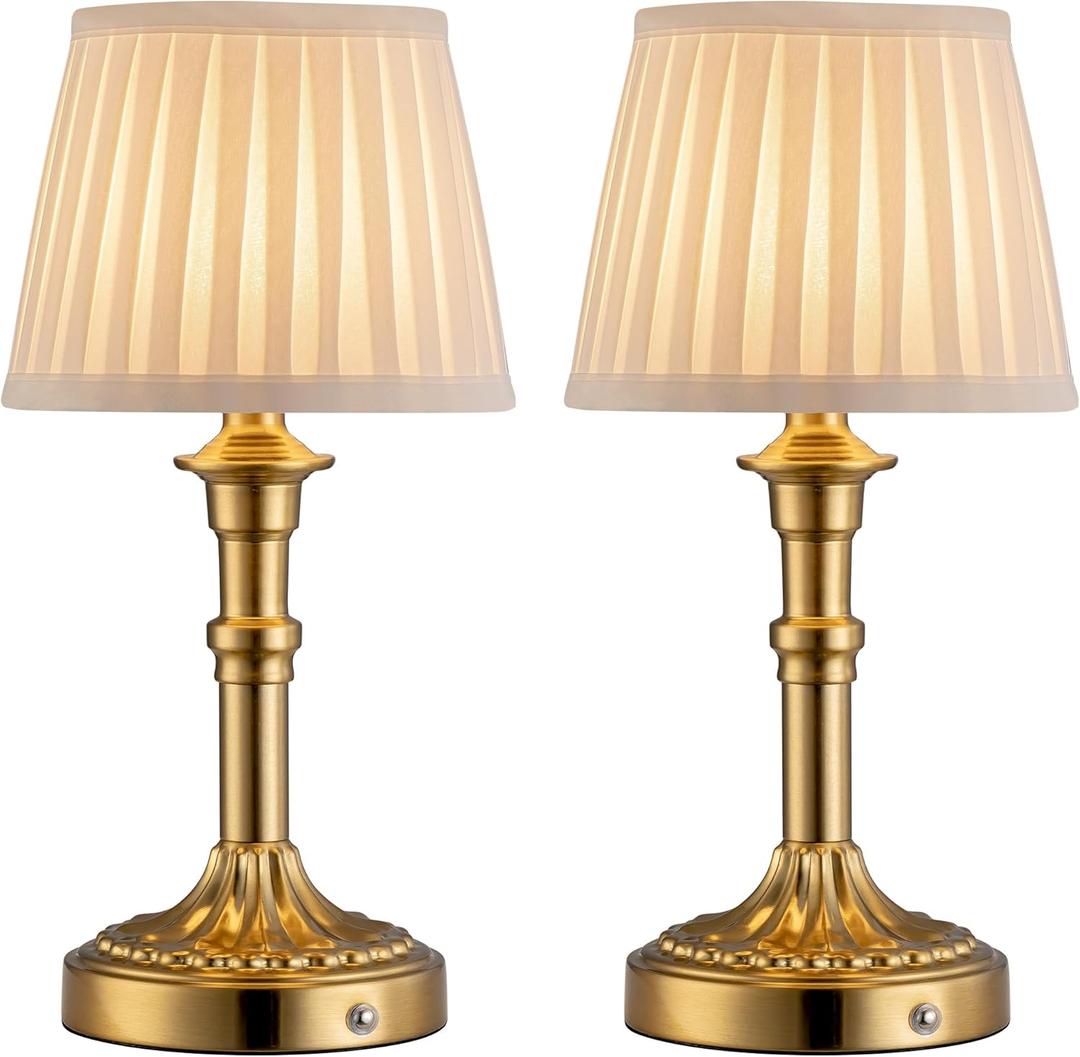 KDG Cordless Portables Table Lamp Set of 2, LED Fabric Shade Small Desk Lamps, 5000mAh Battery Powered Lighting, 2700K Stepless Dimmable Light for Living Room, Dining Room, Bedroom, Bedside (Gold)