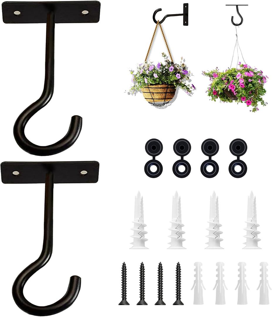 2Pack 4Inch Ceiling Hooks for Hanging Plant, Hanger for Indoor and Outdoor Plant Pots Holder, Wall Hook for Planters, Flower Basket, Wind Chimes, Lanterns, Lights, Bird Feeders, Home Decor-Black